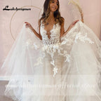Sexy A-Line Backless Wedding Dress  Vintage Lace Applique Beaded Off White Tulle Wedding Gowns Trouwjurk Long Bridal Dress