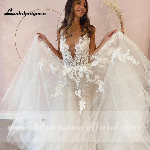 Robe de mariée sexy dos nu en dentelle vintage, appliques perlées, tulle blanc cassé, robe de mariée longue 