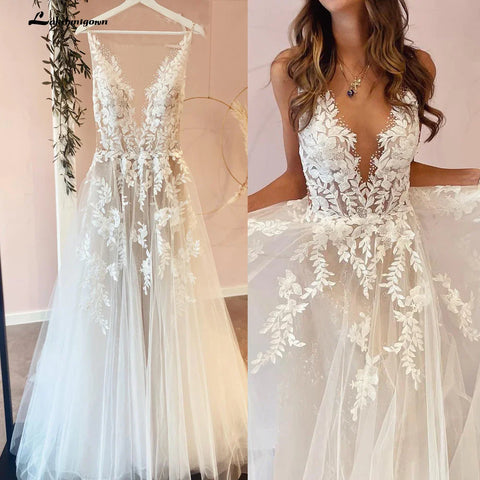 Robe de mariée sexy dos nu en dentelle vintage, appliques perlées, tulle blanc cassé, robe de mariée longue 