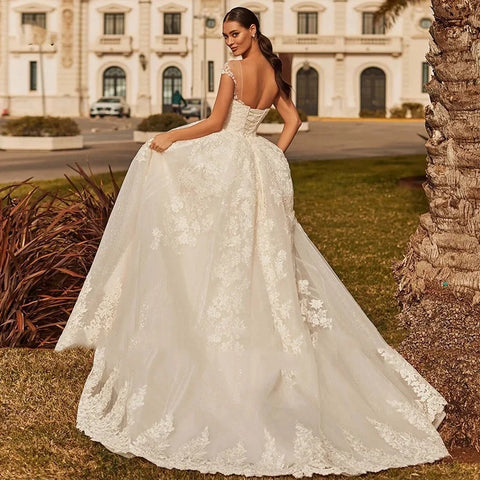 Vestidos De Novia con espalda descubierta y apliques, Vestido De Noiva con manga casquillo, Vestidos De Novia De encaje