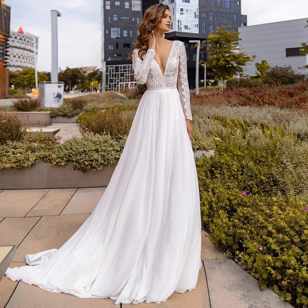 Vestidos de novia de gasa sexys con escote en V profundo y mangas largas, vestido ceremonial bohemio 