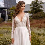 Vestidos de novia de gasa sexys con escote en V profundo y mangas largas, vestido ceremonial bohemio 