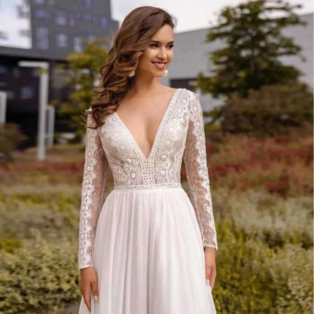 Vestidos de novia de gasa sexys con escote en V profundo y mangas largas, vestido ceremonial bohemio 
