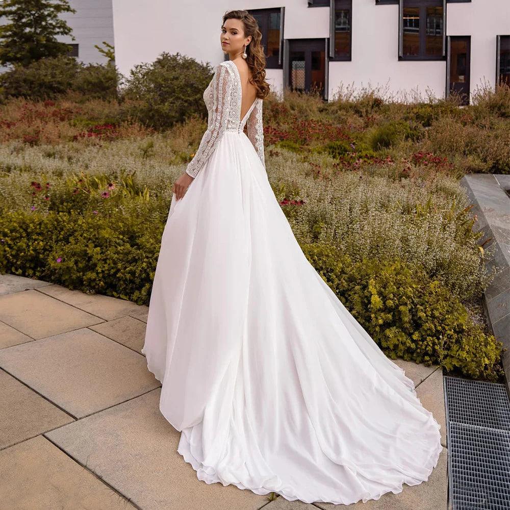 Vestidos de novia de gasa sexys con escote en V profundo y mangas largas, vestido ceremonial bohemio 