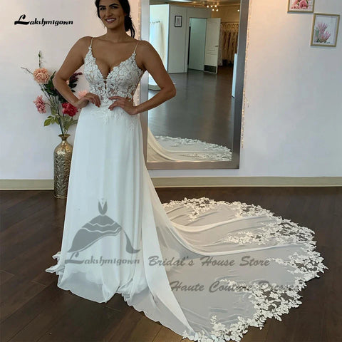 Robe de mariée sexy en mousseline de soie, style bohème, élégante, longue, robe de mariée de plage, avec appliques en dentelle florale et bretelles spaghetti 