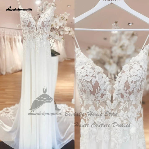 Robe de mariée sexy en mousseline de soie, style bohème, élégante, longue, robe de mariée de plage, avec appliques en dentelle florale et bretelles spaghetti 