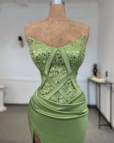 Vestido de fiesta sexy de satén con lentejuelas, sin tirantes y sin mangas para mujer