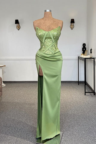 Vestido de fiesta sexy de satén con lentejuelas, sin tirantes y sin mangas para mujer