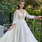 Robe de mariée sexy à décolleté plongeant en V, coupe trapèze, manches 3/4, dos nu, tulle et dentelle appliqués, style bohème, sur mesure