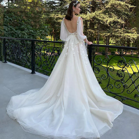 Sexy Deep V Neck Wedding Dress A-Line 3/4 Sleeve Open Back Tulle Lace Appliquéd Boho Bridal Gown Vestidos Custom