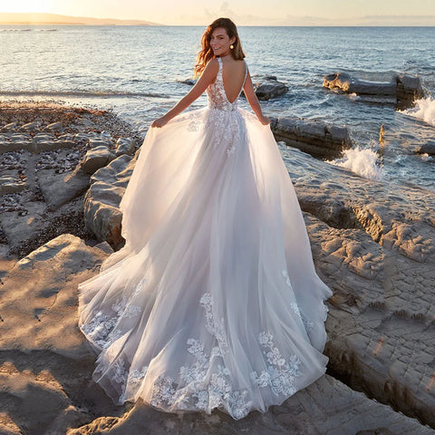 Sexy escote en V profundo una línea Vestidos De Novia apliques Vestido De Noiva Vestidos De Novia sin espalda Vestido De novia De encaje