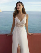 Robes de mariée bohèmes sexy fendues en mousseline de soie, décolleté en V, dos illusion, dentelle, Vestidos De Noiva