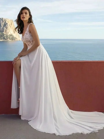 Vestidos de novia de playa estilo boho, sexis, con abertura alta, de gasa, de gasa, con escote en V, espalda ilusión y encaje.
