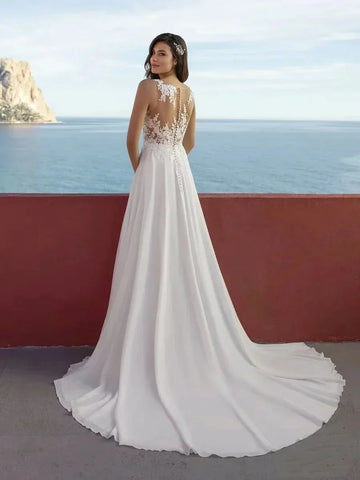 Vestidos de novia de playa estilo boho, sexis, con abertura alta, de gasa, de gasa, con escote en V, espalda ilusión y encaje.