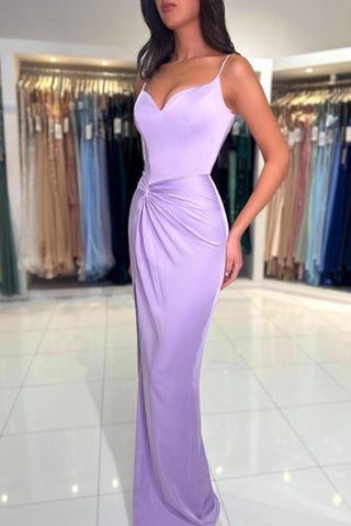Vestidos de fiesta largos, sencillos y sexis de sirena color lila con tirantes finos
