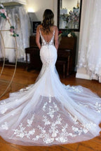 Robe de mariée sirène longue et sexy, col V, sans manches, en dentelle avec traîne
