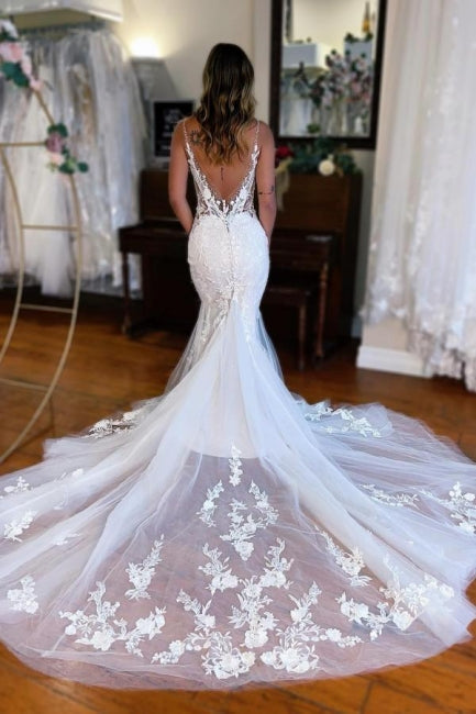 Robe de mariée sirène longue et sexy, col V, sans manches, en dentelle avec traîne