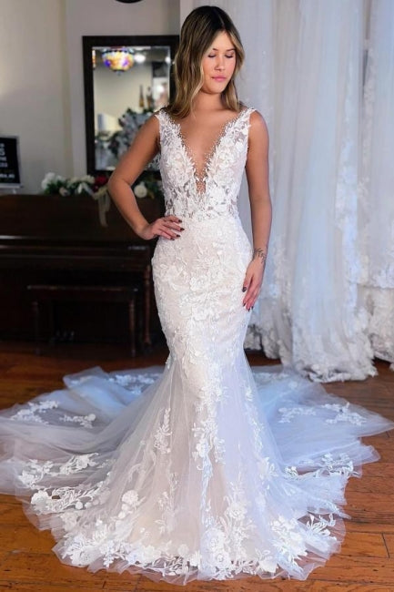Robe de mariée sirène longue et sexy, col V, sans manches, en dentelle avec traîne