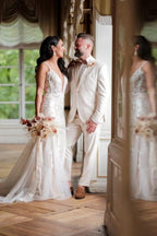 Robe de mariée sirène longue et sexy sans manches à col en V et dentelle