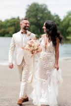 Robe de mariée sirène longue et sexy sans manches à col en V et dentelle