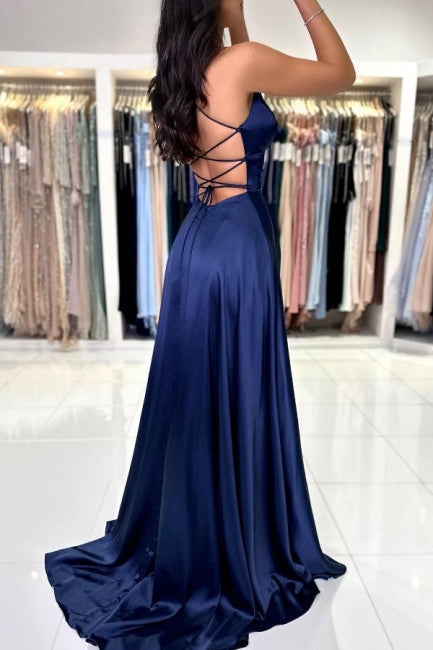 Robe de bal sexy longue et simple bleu marine à bretelles spaghetti avec fente