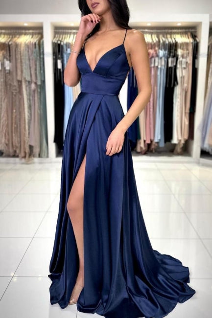 Robe de bal sexy longue et simple bleu marine à bretelles spaghetti avec fente