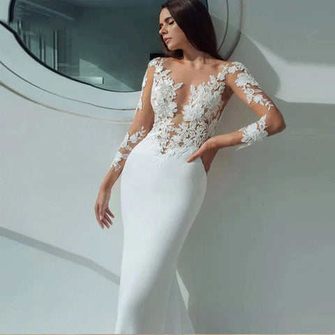 Sexy Long Sleeves Mermaid Wedding Dresses White Illusion Neck Lace Appliques 2023 Bridal Dress Gowns Beach Vestidos De Noiva