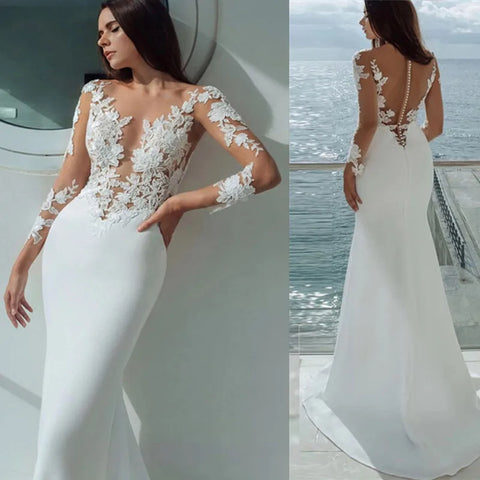 Sexy Long Sleeves Mermaid Wedding Dresses White Illusion Neck Lace Appliques 2023 Bridal Dress Gowns Beach Vestidos De Noiva