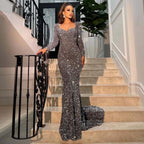 Vestidos de noche de sirena sexys 2025 para mujer, manga larga, escote corazón, terciopelo, lentejuelas, vestidos de fiesta formales de boda y graduación, Robe De Soiree SYP190 