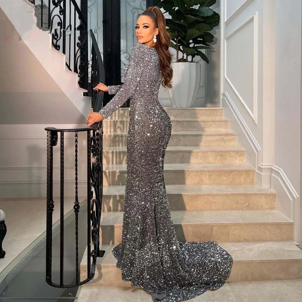Vestidos de noche de sirena sexys 2025 para mujer, manga larga, escote corazón, terciopelo, lentejuelas, vestidos de fiesta formales de boda y graduación, Robe De Soiree SYP190 