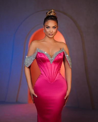 Vestidos de fiesta de satén sin mangas con hombros descubiertos estilo sirena sexy