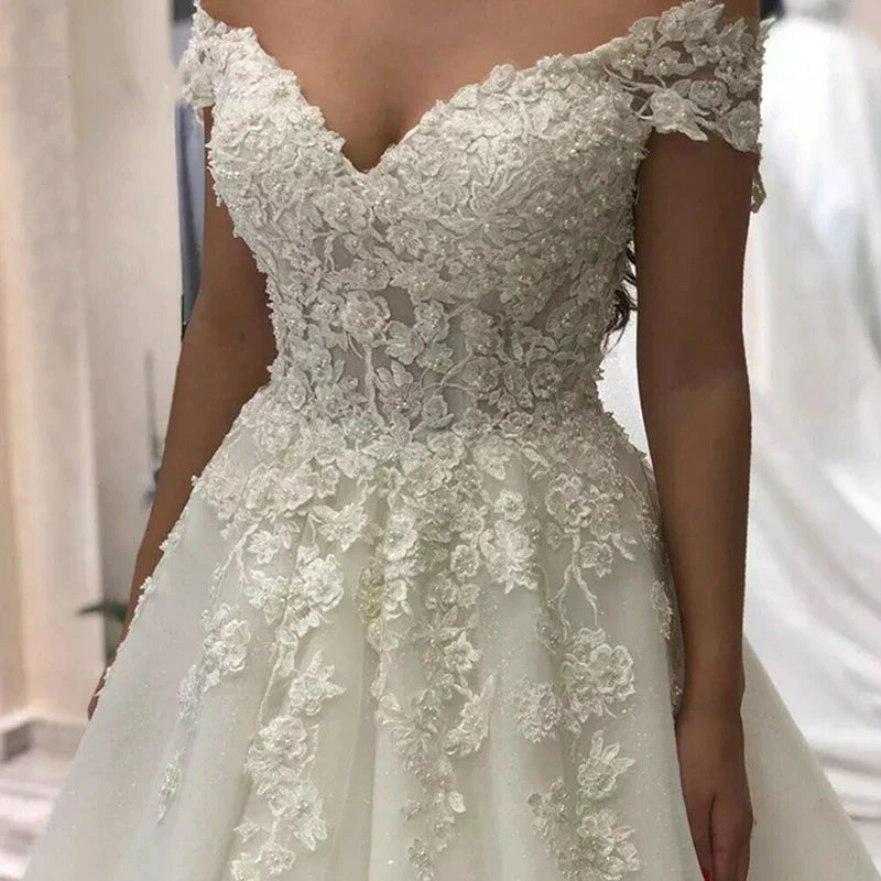 Sexy Off Shoulder Lace Wedding Dress Vintage Women's A-Line Gownes Robe De Soir é e De Mariage Bridal Dress Vestidos De Fiesta