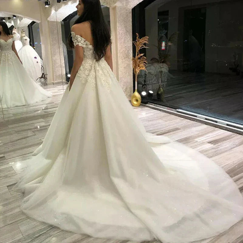 Sexy Off Shoulder Lace Wedding Dress Vintage Women's A-Line Gownes Robe De Soir é e De Mariage Bridal Dress Vestidos De Fiesta