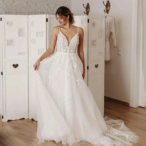 Robes de mariée sexy épaules dénudées sans manches, bretelles spaghetti, col en V, dos nu blanc simple, plissées, style princesse