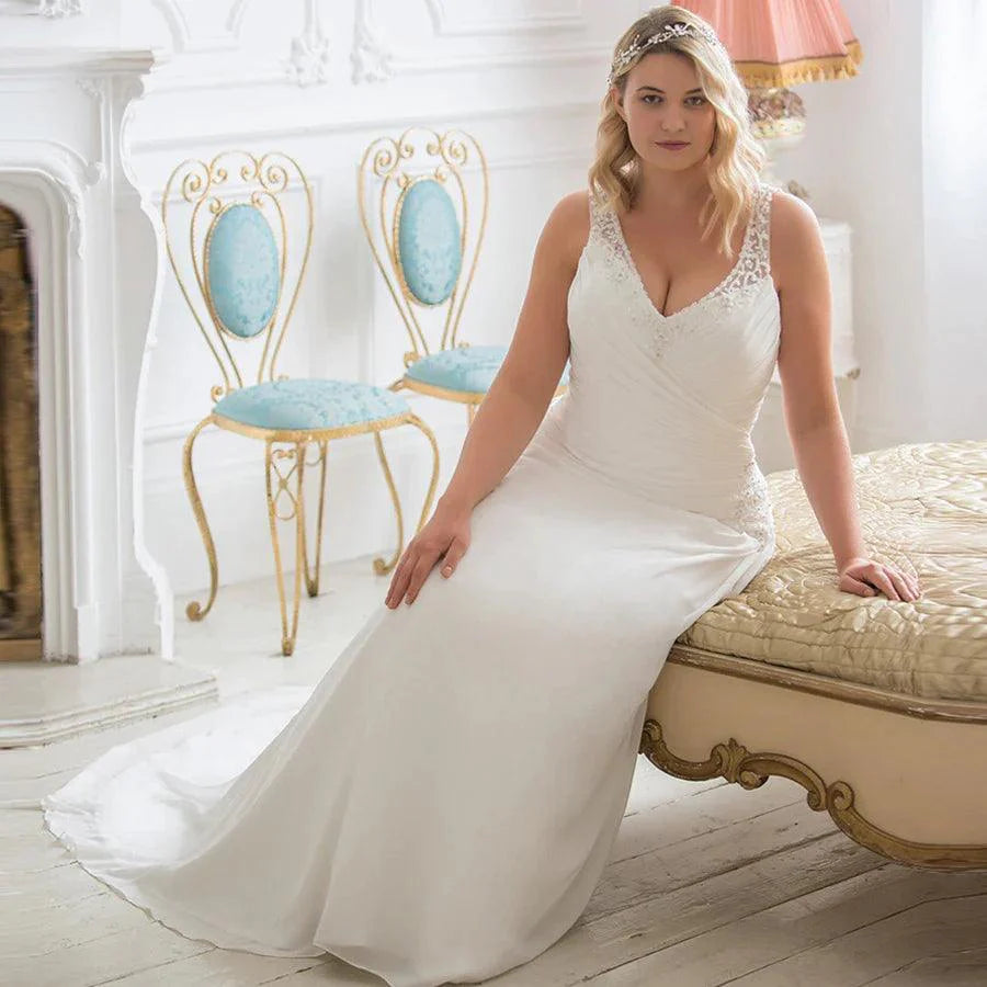 Vestido de novia con cuentas, escote en V, sin mangas, fruncido, plisado, gasa, para playa 