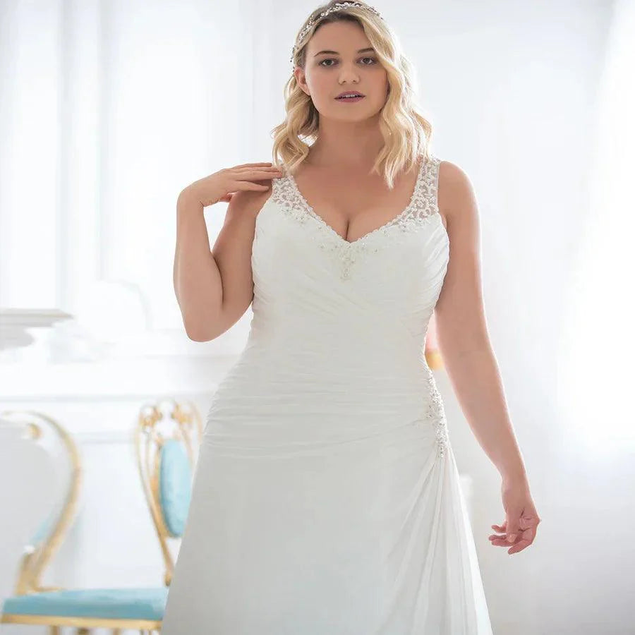 Vestido de novia con cuentas, escote en V, sin mangas, fruncido, plisado, gasa, para playa 