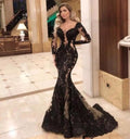Sexy See Through Long Sleeve Mermaid Prom Dresses Red Tassels Illusion Back Formal Dress Evening Vestido De Festa HA2505