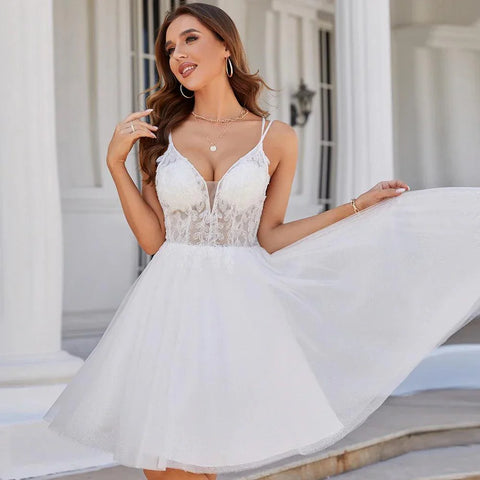 Robe de mariée courte et sexy à bretelles, avec appliques en perles, mini tulle pailleté, pour femme 