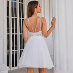 Vestido de novia corto sexy con tirantes y apliques de cuentas, minivestido de tul brillante para mujer 
