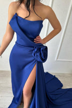 Vestido de fiesta largo, sexy y sencillo, azul real, sin tirantes, de satén con abertura