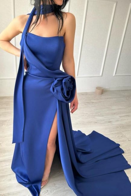 Vestido de fiesta largo, sexy y sencillo, azul real, sin tirantes, de satén con abertura