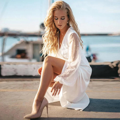 Robe de mariée simple et sexy, manches bouffantes, col en V, plis, fente latérale, longueur cheville