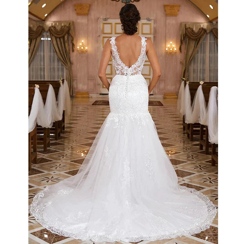 Robe de mariée sexy sans manches à décolleté cœur pour femme, magnifique robe de mariée sirène en dentelle appliquée, robe de soirée plissée dos nu