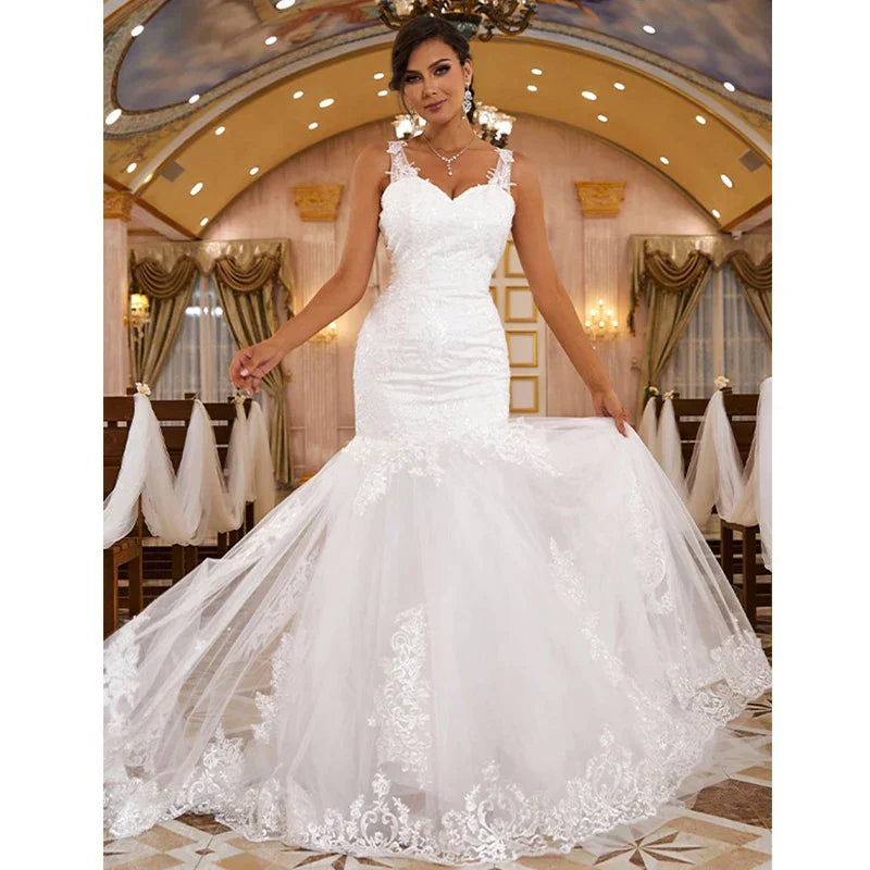 Robe de mariée sexy sans manches à décolleté cœur pour femme, magnifique robe de mariée sirène en dentelle appliquée, robe de soirée plissée dos nu