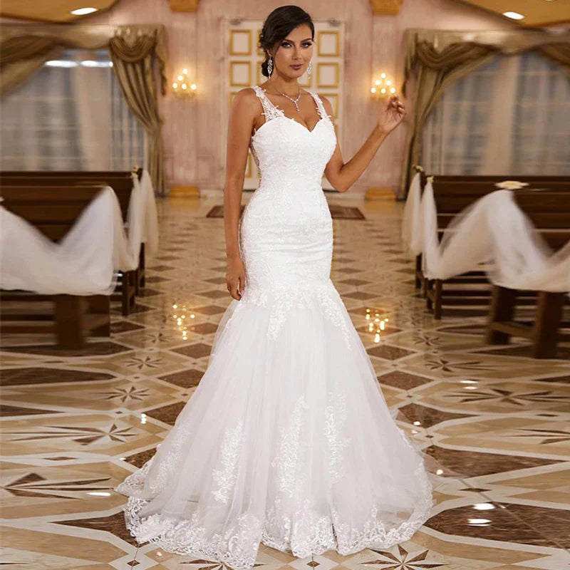 Robe de mariée sexy sans manches à décolleté cœur pour femme, magnifique robe de mariée sirène en dentelle appliquée, robe de soirée plissée dos nu