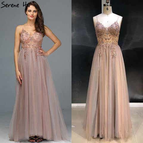 Vestidos de noche sexys con tirantes finos, escote en V, pedrería y cuentas, vestidos de fiesta formales con abertura, LA60963 