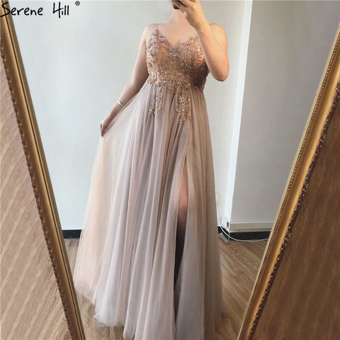 Vestidos de noche sexys con tirantes finos, escote en V, pedrería y cuentas, vestidos de fiesta formales con abertura, LA60963 