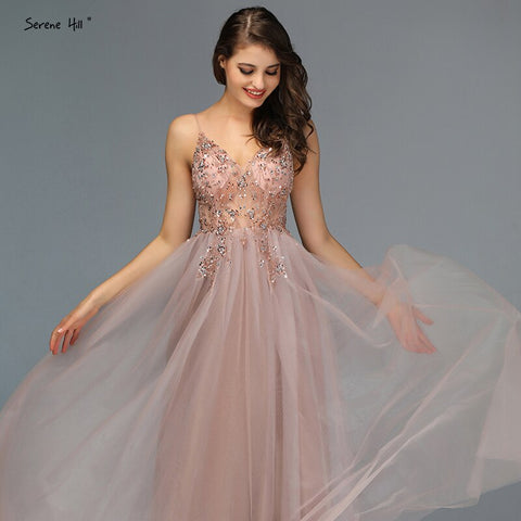 Vestidos de noche sexys con tirantes finos, escote en V, pedrería y cuentas, vestidos de fiesta formales con abertura, LA60963 