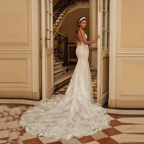 Sexy Spaghetti Straps sirena Vestidos De Novia apliques Vestido De Noiva con cuello en V Vestidos De Novia De encaje Robe De Mariée