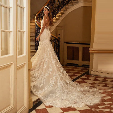 Sexy Spaghetti Straps sirena Vestidos De Novia apliques Vestido De Noiva con cuello en V Vestidos De Novia De encaje Robe De Mariée